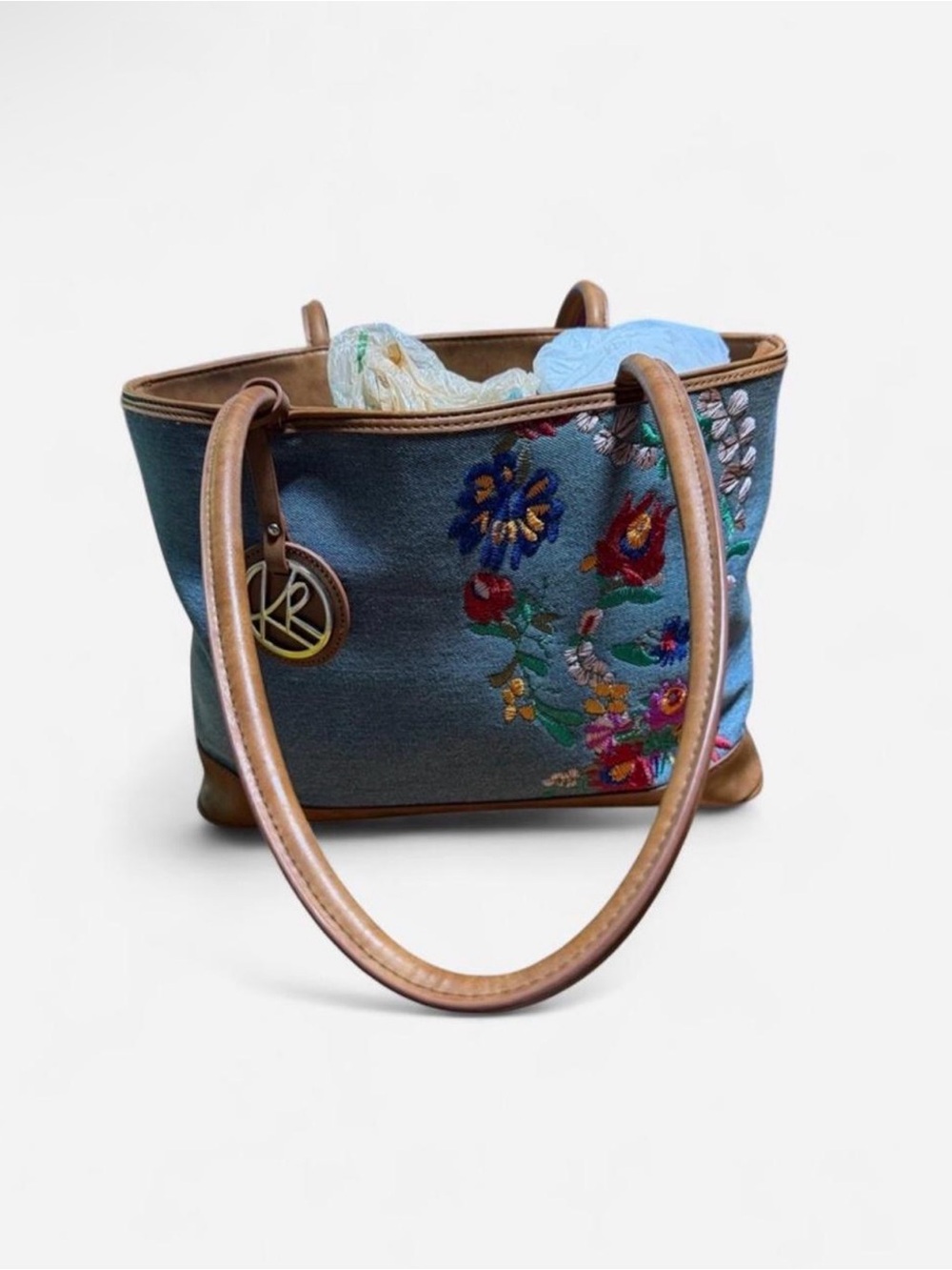 Kim Rogers Denim Embroidered Floral Tote with Brown Trim
